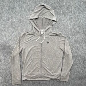 Victorias Secret PINK Hoodie Womens Medium Grey Space Dye Dog Logo Zip Up